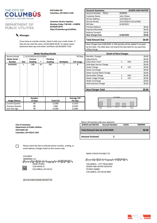 USA Ohio City of Columbus utility bill template in Word and PDF format